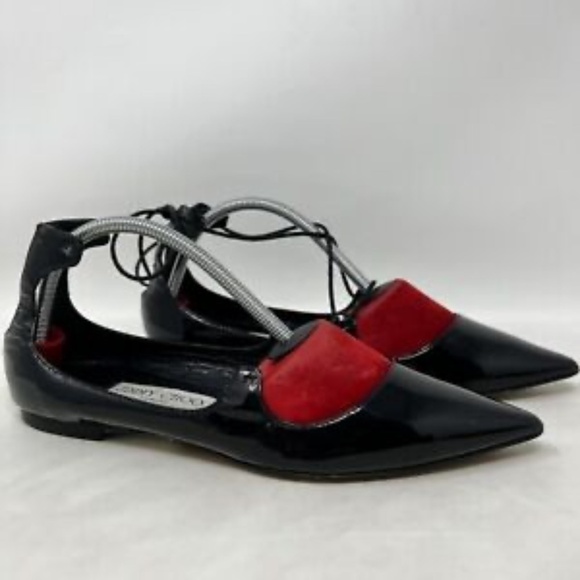 JIMMY CHOO Patent Lace Up Vita Flats Black 35.5 US 5.5 - Picture 1 of 14